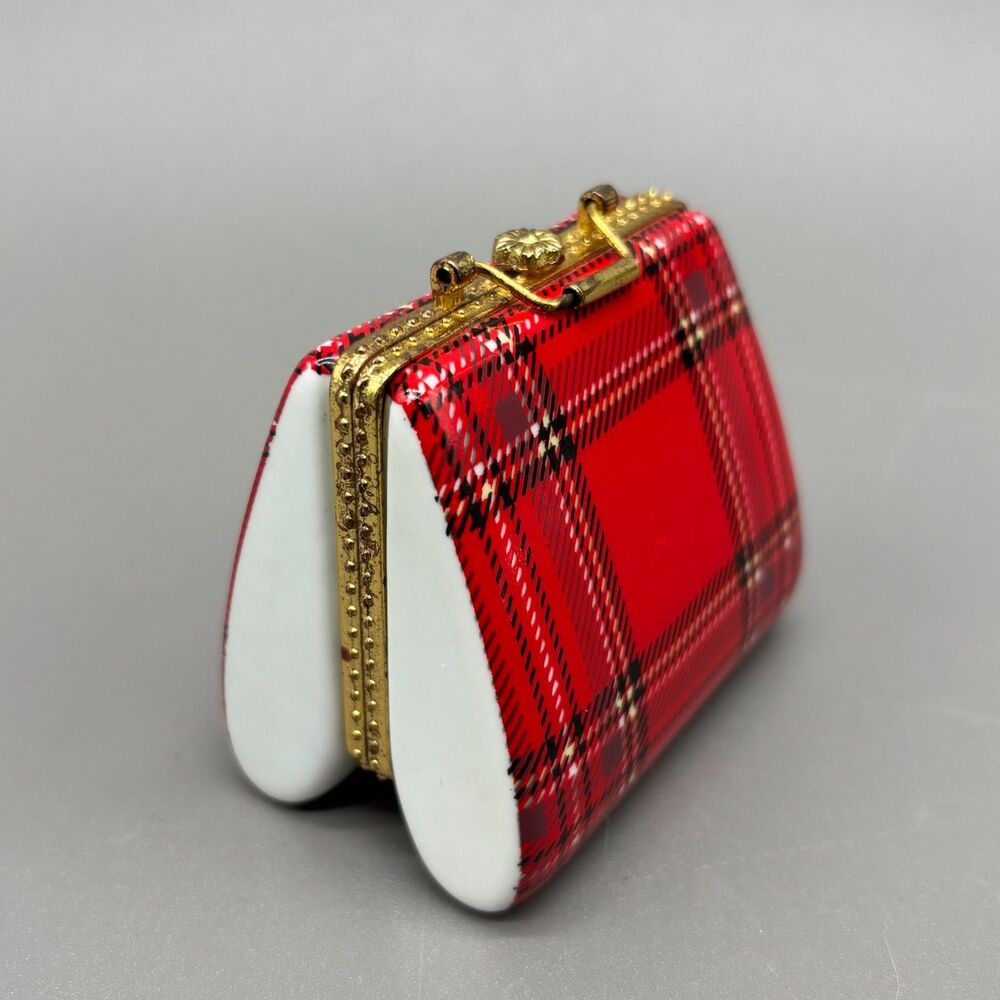 Vintage Porcelain Trinket Box Red Tartan Plaid Jewelry Case Gold Clasp Frame